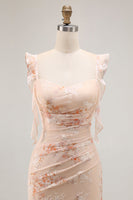 Laden Sie das Bild in den Galerie-Viewer, Champagner Blumen Etui Langes Brautjungfernkleid mit Schlitz