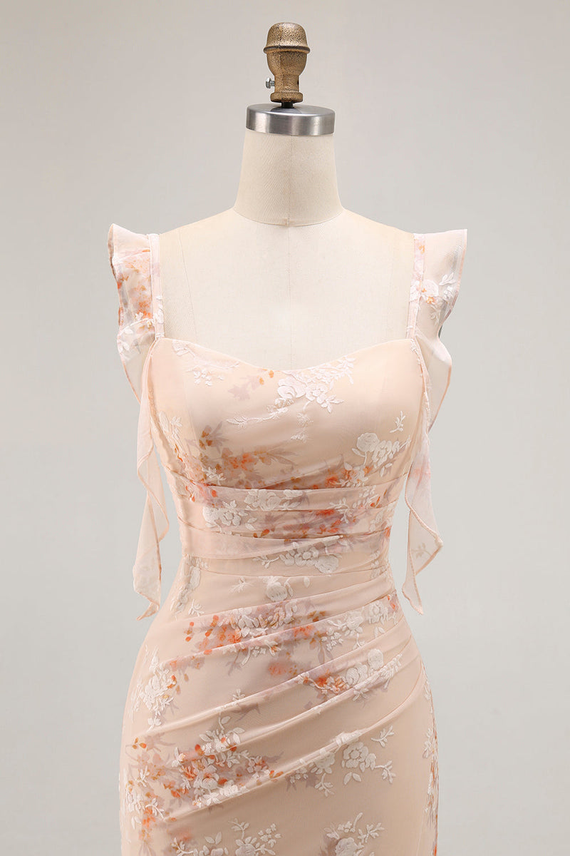 Laden Sie das Bild in den Galerie-Viewer, Champagner Blumen Etui Langes Brautjungfernkleid mit Schlitz