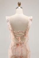 Laden Sie das Bild in den Galerie-Viewer, Champagner Blumen Etui Langes Brautjungfernkleid mit Schlitz