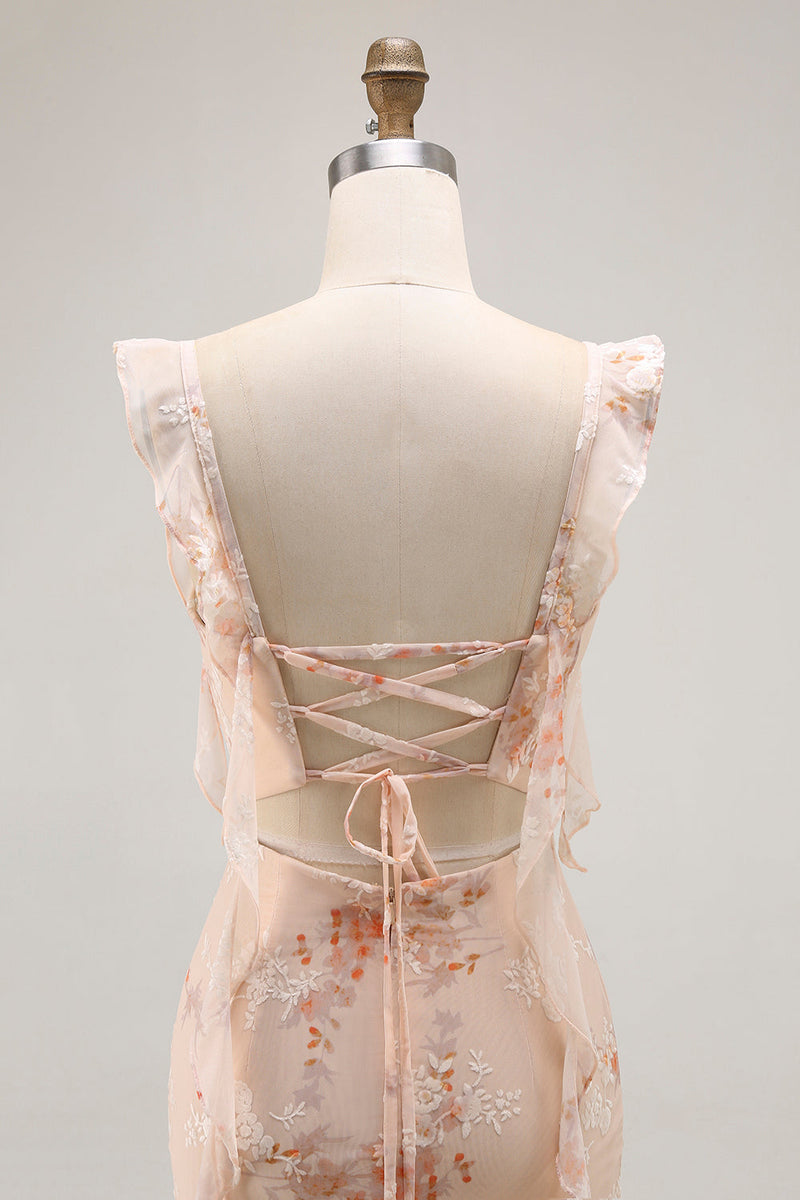 Laden Sie das Bild in den Galerie-Viewer, Champagner Blumen Etui Langes Brautjungfernkleid mit Schlitz