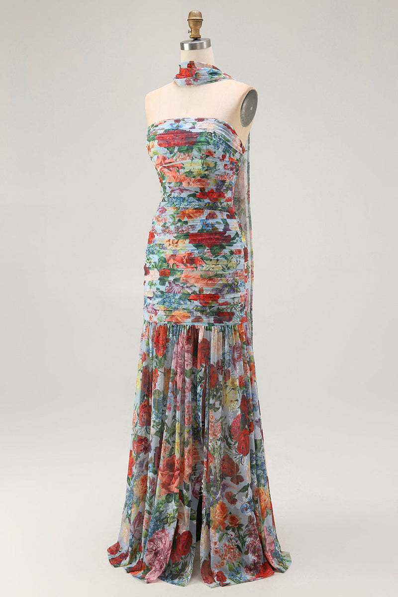 Laden Sie das Bild in den Galerie-Viewer, Trägerloses Blaues Rrotes Blumen Halstuch Gerafftes Hochzeitsgastkleid mit Schlitz