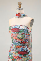 Laden Sie das Bild in den Galerie-Viewer, Trägerloses Blaues Rrotes Blumen Halstuch Gerafftes Hochzeitsgastkleid mit Schlitz