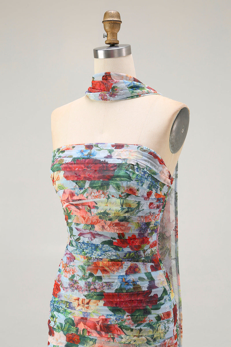 Laden Sie das Bild in den Galerie-Viewer, Trägerloses Blaues Rrotes Blumen Halstuch Gerafftes Hochzeitsgastkleid mit Schlitz