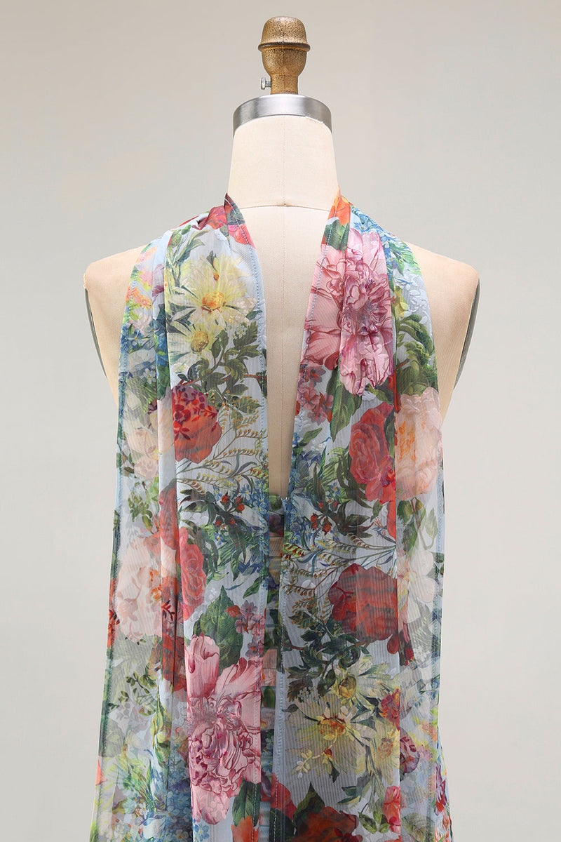 Laden Sie das Bild in den Galerie-Viewer, Trägerloses Blaues Rrotes Blumen Halstuch Gerafftes Hochzeitsgastkleid mit Schlitz