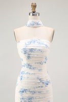 Laden Sie das Bild in den Galerie-Viewer, Weiß Blau Blume Etui Trägerloses Samt Burnout Hochzeitsgastkleid mit Schlitz