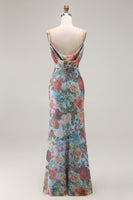 Laden Sie das Bild in den Galerie-Viewer, Blaues Bedrucktes Etui Spaghettiträger Brautjungfernkleid mit Schlitz