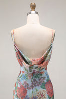 Laden Sie das Bild in den Galerie-Viewer, Blaues Bedrucktes Etui Spaghettiträger Brautjungfernkleid mit Schlitz