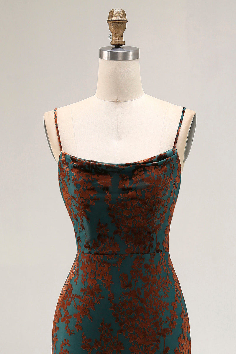 Laden Sie das Bild in den Galerie-Viewer, Dunkelgrünes Etui Brautjungfernkleid mit Druck und Schlitz