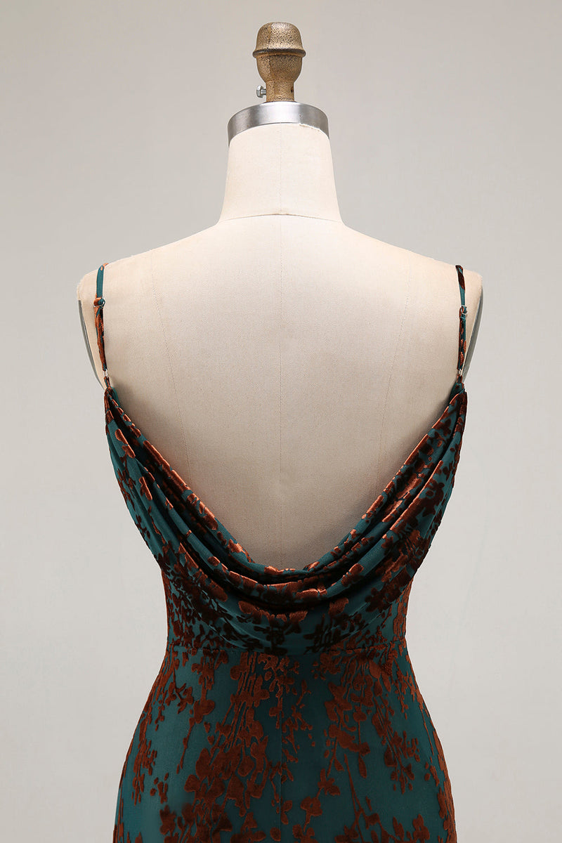 Laden Sie das Bild in den Galerie-Viewer, Dunkelgrünes Etui Brautjungfernkleid mit Druck und Schlitz