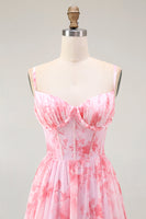 Laden Sie das Bild in den Galerie-Viewer, Rosa Geblümtes Korsett A-Linie Spaghettiträger Maxi Hochzeitsgastkleid mit Schlitz