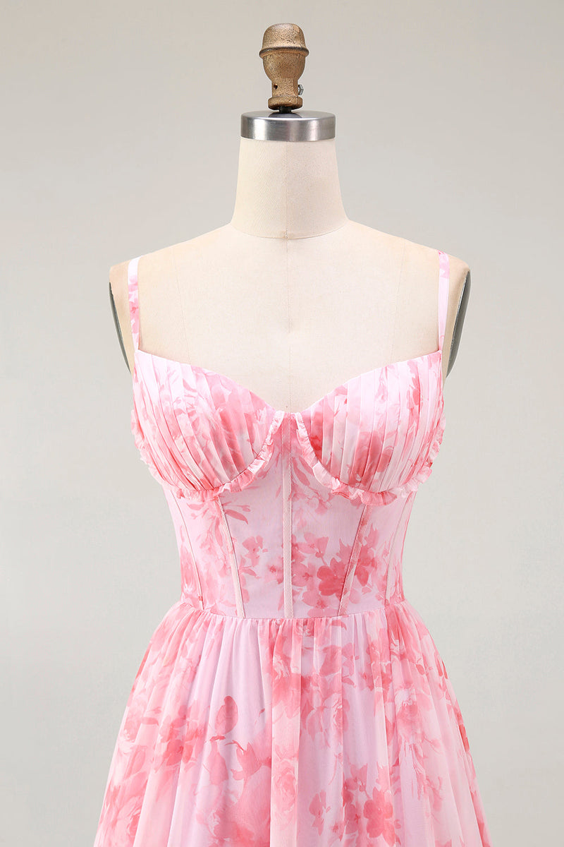 Laden Sie das Bild in den Galerie-Viewer, Rosa Geblümtes Korsett A-Linie Spaghettiträger Maxi Hochzeitsgastkleid mit Schlitz