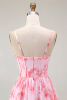 Laden Sie das Bild in den Galerie-Viewer, Rosa Geblümtes Korsett A-Linie Spaghettiträger Maxi Hochzeitsgastkleid mit Schlitz