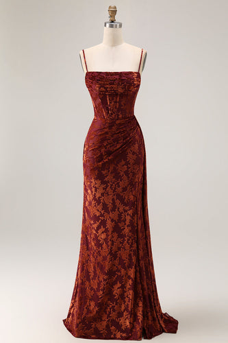 Burgunder Meerjungfrauen Korsett Streamer Burnout Samt Brautjungfernkleid mit Schlitz