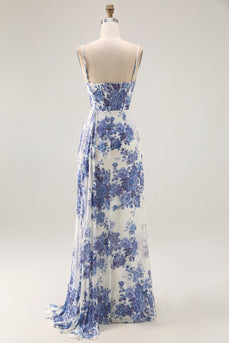 Weiß Blau Blumen Korsett Etui Wasserfall Ausschnitt Langes Brautjungfernkleid mit Luftschlange