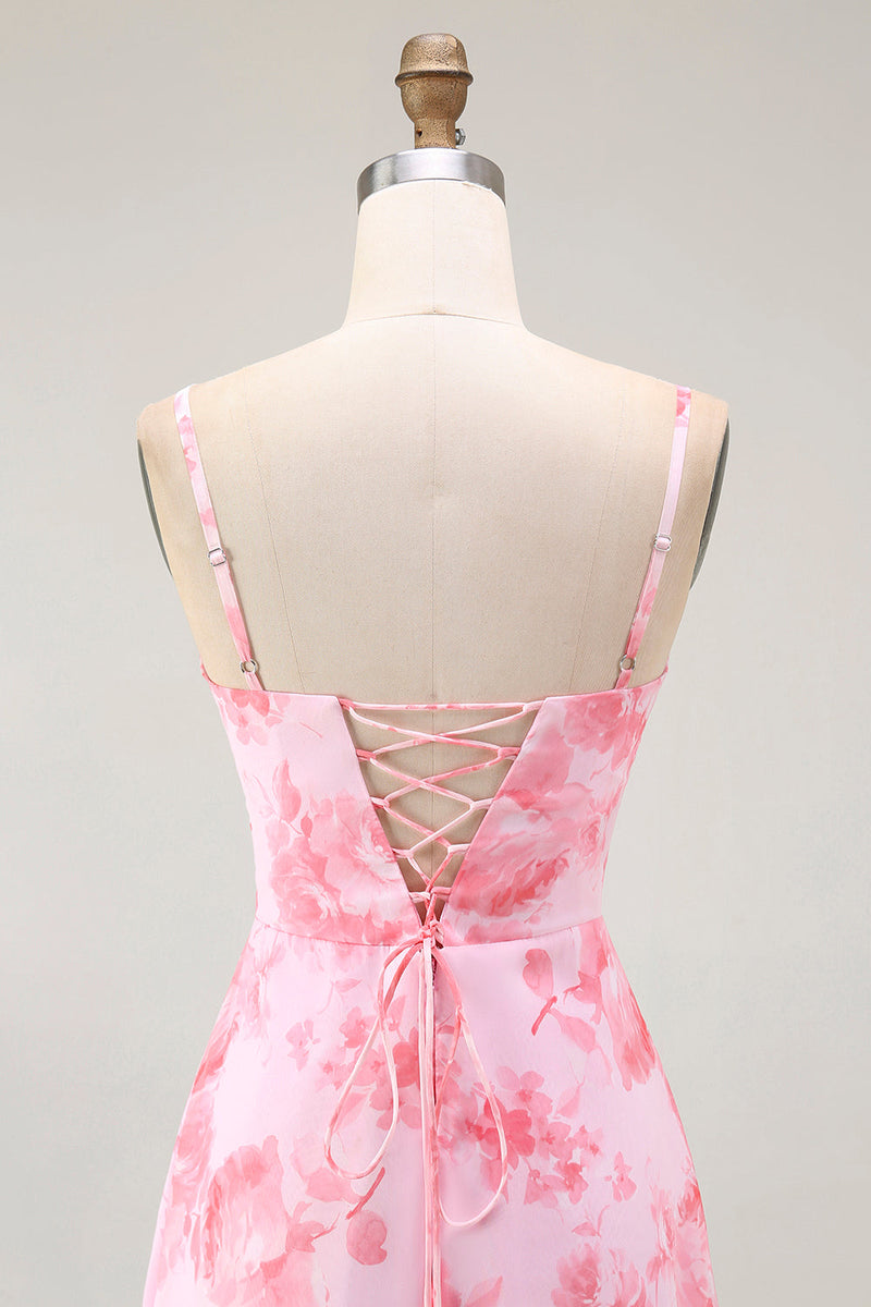 Laden Sie das Bild in den Galerie-Viewer, Rosa Blumen A-Linie Maxi Hochzeitsgastkleid mit Wasserfallausschnitt und Schlitz