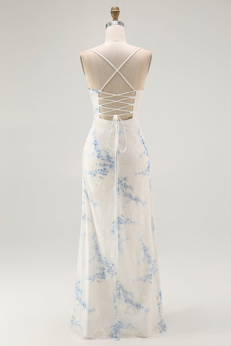 Laden Sie das Bild in den Galerie-Viewer, Weiß Blau Blumen Etui Samt Burnout Korsett Hochzeitsgastkleid