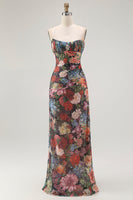 Laden Sie das Bild in den Galerie-Viewer, Etui Spaghettiträger Blumen Gerafftes Hochzeitsgastkleid mit Schnürung