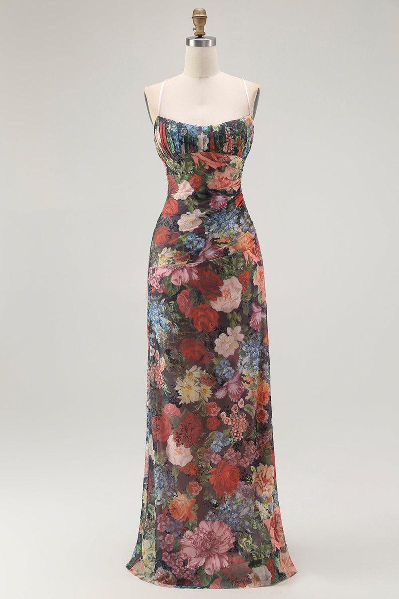 Laden Sie das Bild in den Galerie-Viewer, Etui Spaghettiträger Blumen Gerafftes Hochzeitsgastkleid mit Schnürung