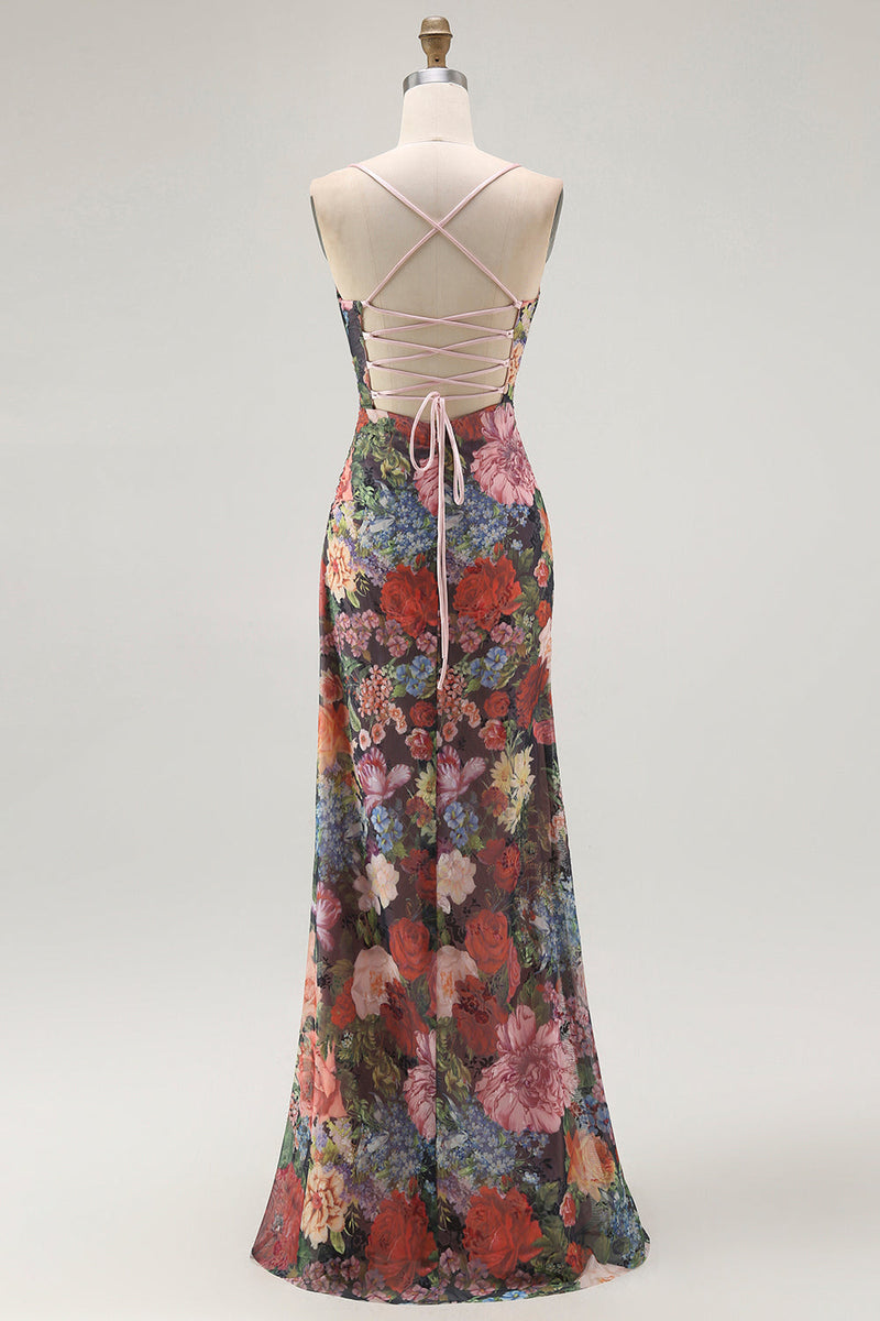 Laden Sie das Bild in den Galerie-Viewer, Etui Spaghettiträger Blumen Gerafftes Hochzeitsgastkleid mit Schnürung