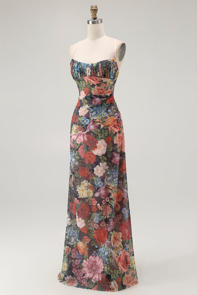 Laden Sie das Bild in den Galerie-Viewer, Etui Spaghettiträger Blumen Gerafftes Hochzeitsgastkleid mit Schnürung