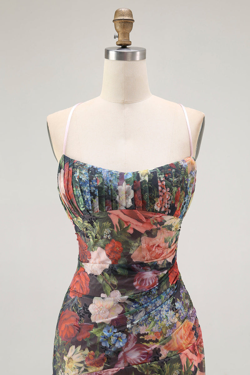 Laden Sie das Bild in den Galerie-Viewer, Etui Spaghettiträger Blumen Gerafftes Hochzeitsgastkleid mit Schnürung