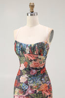 Laden Sie das Bild in den Galerie-Viewer, Etui Spaghettiträger Blumen Gerafftes Hochzeitsgastkleid mit Schnürung