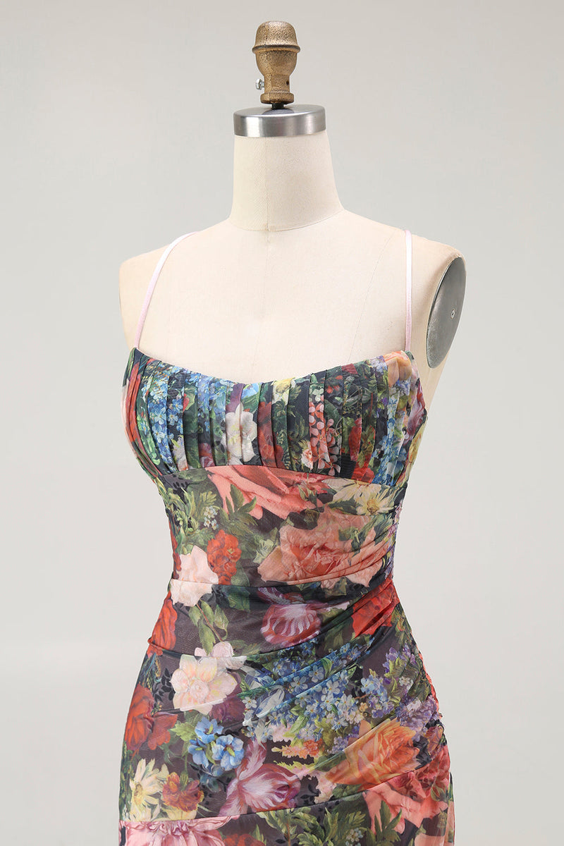 Laden Sie das Bild in den Galerie-Viewer, Etui Spaghettiträger Blumen Gerafftes Hochzeitsgastkleid mit Schnürung