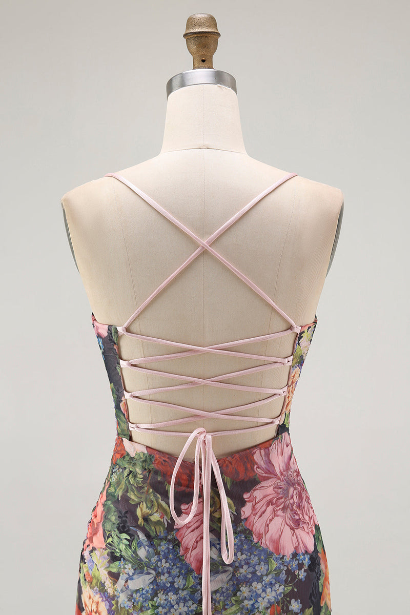 Laden Sie das Bild in den Galerie-Viewer, Etui Spaghettiträger Blumen Gerafftes Hochzeitsgastkleid mit Schnürung