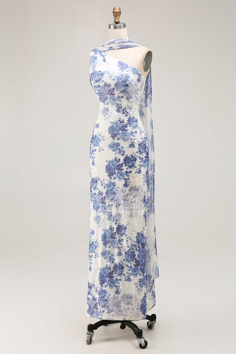 Laden Sie das Bild in den Galerie-Viewer, Eine Schulter Etui Blaues Brautjungfernkleid mit Blumen und Schal