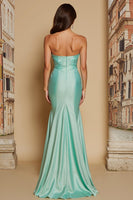 Laden Sie das Bild in den Galerie-Viewer, Mintgrünes Satin Meerjungfrau Herzausschnitt Gerafftes Langes Brautjungfernkleid mit Schlitz