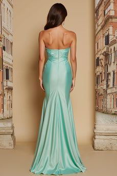 Mintgrünes Satin Meerjungfrau Herzausschnitt Gerafftes Langes Brautjungfernkleid mit Schlitz