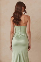 Laden Sie das Bild in den Galerie-Viewer, Dusty Sage Etui Satin Herzausschnitt Langes Brautjungfernkleid mit Schlitz