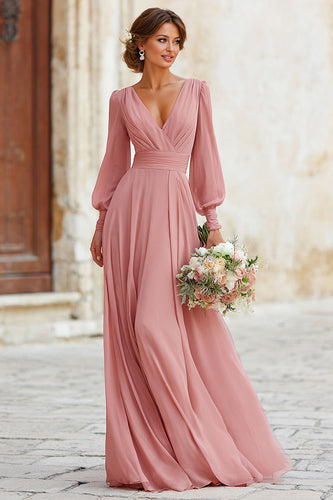 Dusty Rose Maxi Brautjungfernkleid in A-Linie mit V-Ausschnitt und Ärmeln