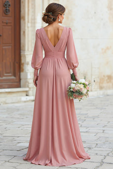 Dusty Rose Maxi Brautjungfernkleid in A-Linie mit V-Ausschnitt und Ärmeln
