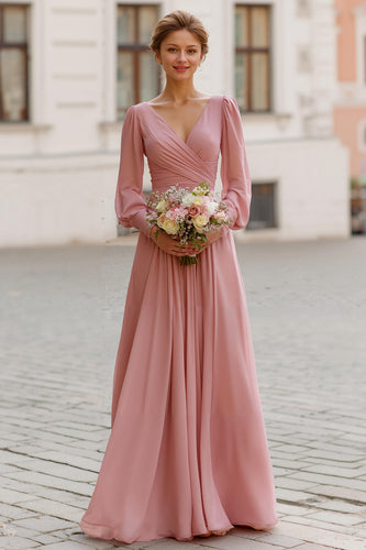 Dusty Rose Maxi Brautjungfernkleid mit V-Ausschnitt in A-Linie