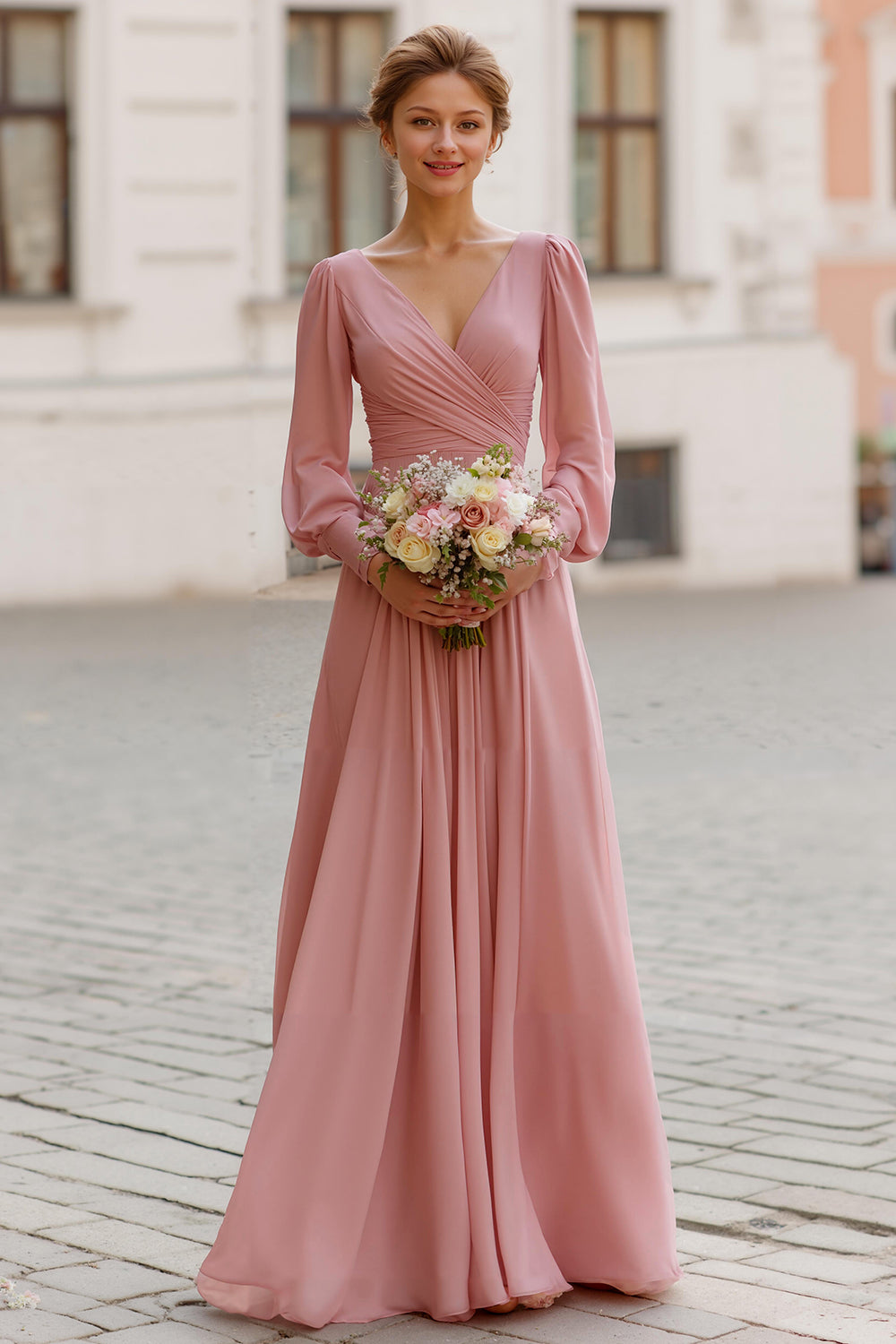 Dusty Rose Maxi Brautjungfernkleid mit V-Ausschnitt in A-Linie