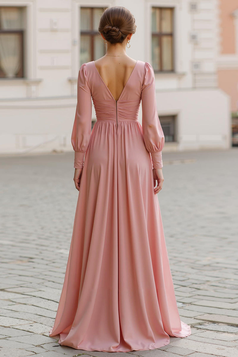 Laden Sie das Bild in den Galerie-Viewer, Dusty Rose Maxi Brautjungfernkleid mit V-Ausschnitt in A-Linie