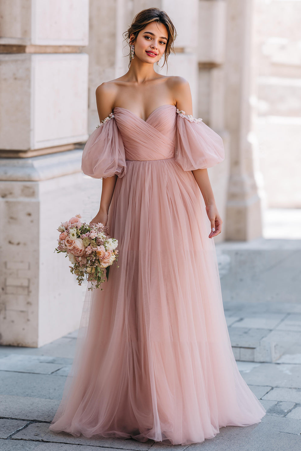 Dusty Rose Langes Schulterfreies Brautjungfernkleid mit Ärmeln