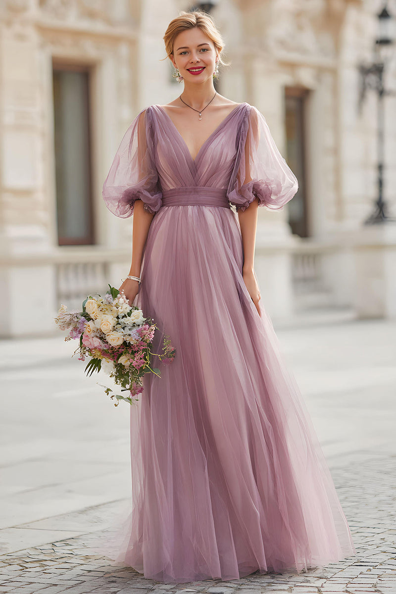 Laden Sie das Bild in den Galerie-Viewer, Vintage Mauve V-Ausschnitt A Linie Langes Brautjungfernkleid mit Ärmeln