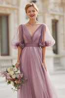 Laden Sie das Bild in den Galerie-Viewer, Vintage Mauve V-Ausschnitt A Linie Langes Brautjungfernkleid mit Ärmeln