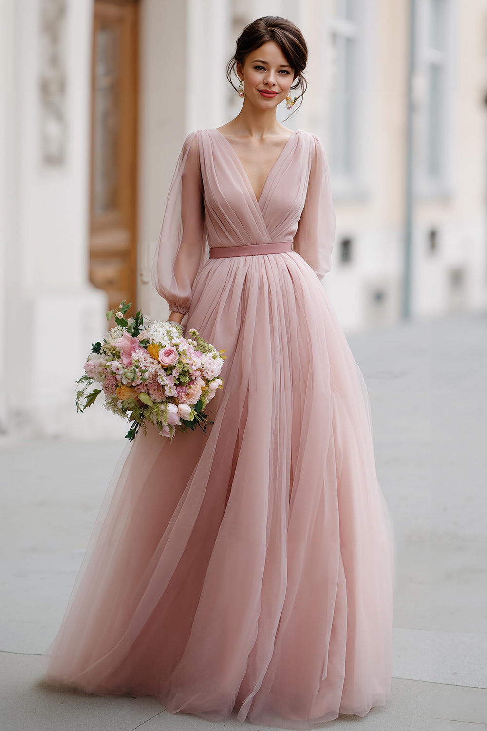 Dusty Rose A Line Maxi Brautjungfernkleid mit V-Ausschnitt und Ärmeln