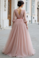 Laden Sie das Bild in den Galerie-Viewer, Dusty Rose A Line Maxi Brautjungfernkleid mit V-Ausschnitt und Ärmeln