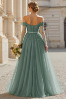 Laden Sie das Bild in den Galerie-Viewer, Eukalyptus A Linie Langes Schulterfreies Brautjungfernkleid mit Ärmeln