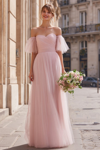 Blush Rosa Langes Schulterfreies Brautjungfernkleid in A-Linie