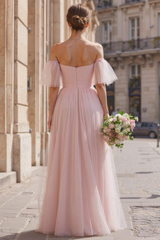 Blush Rosa Langes Schulterfreies Brautjungfernkleid in A-Linie