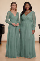 Laden Sie das Bild in den Galerie-Viewer, Eukalyptus A-Linie Langärmeliges V-Ausschnitt Chorkleid