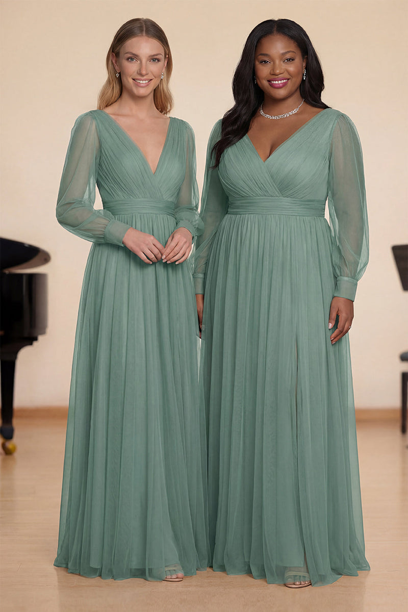 Laden Sie das Bild in den Galerie-Viewer, Eukalyptus A-Linie Langärmeliges V-Ausschnitt Chorkleid