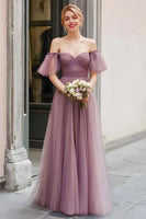 Laden Sie das Bild in den Galerie-Viewer, Vintage Mauve Langes Schulterfreies Brautjungfernkleid in A-Linie