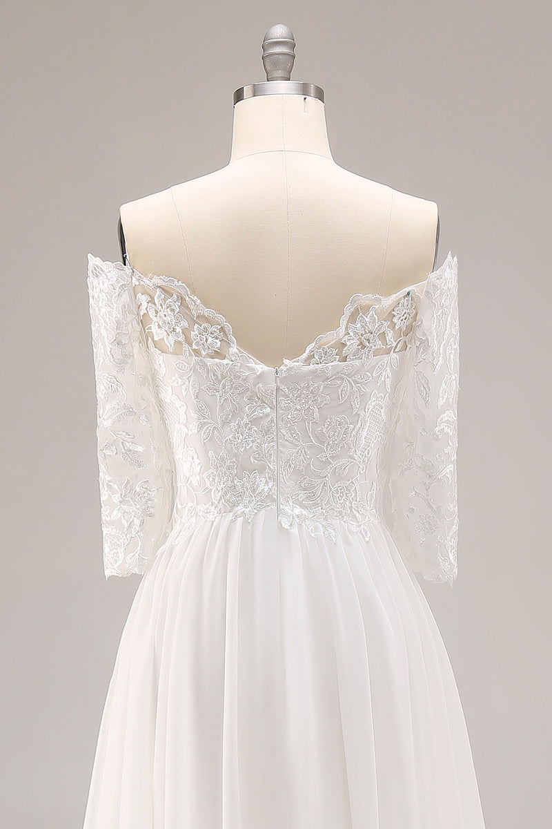 Laden Sie das Bild in den Galerie-Viewer, Weißes A-Linie Chiffon Brautkleid mit Spitze