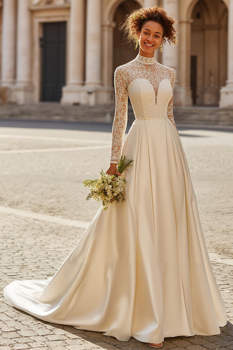 Laden Sie das Bild in den Galerie-Viewer, Elfenbein Hochgeschlossenes A Linie Sweep Train Vintage Brautkleid mit Ärmeln